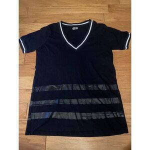 ASOS women's black v-neck short sleeve, with faux leather stripes t shirt size 4